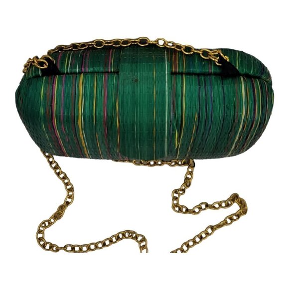 Green Raffia Shoulder Purse Gold Tone Chain Strap Striped With Snap Closure Bag - Picture 3 of 10